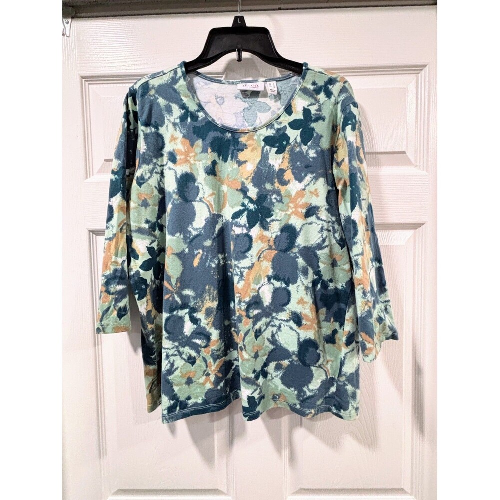 Denim & Co Floral Top, Blue Green Watercolor Abstract 3/4 Sleeve, Size Large